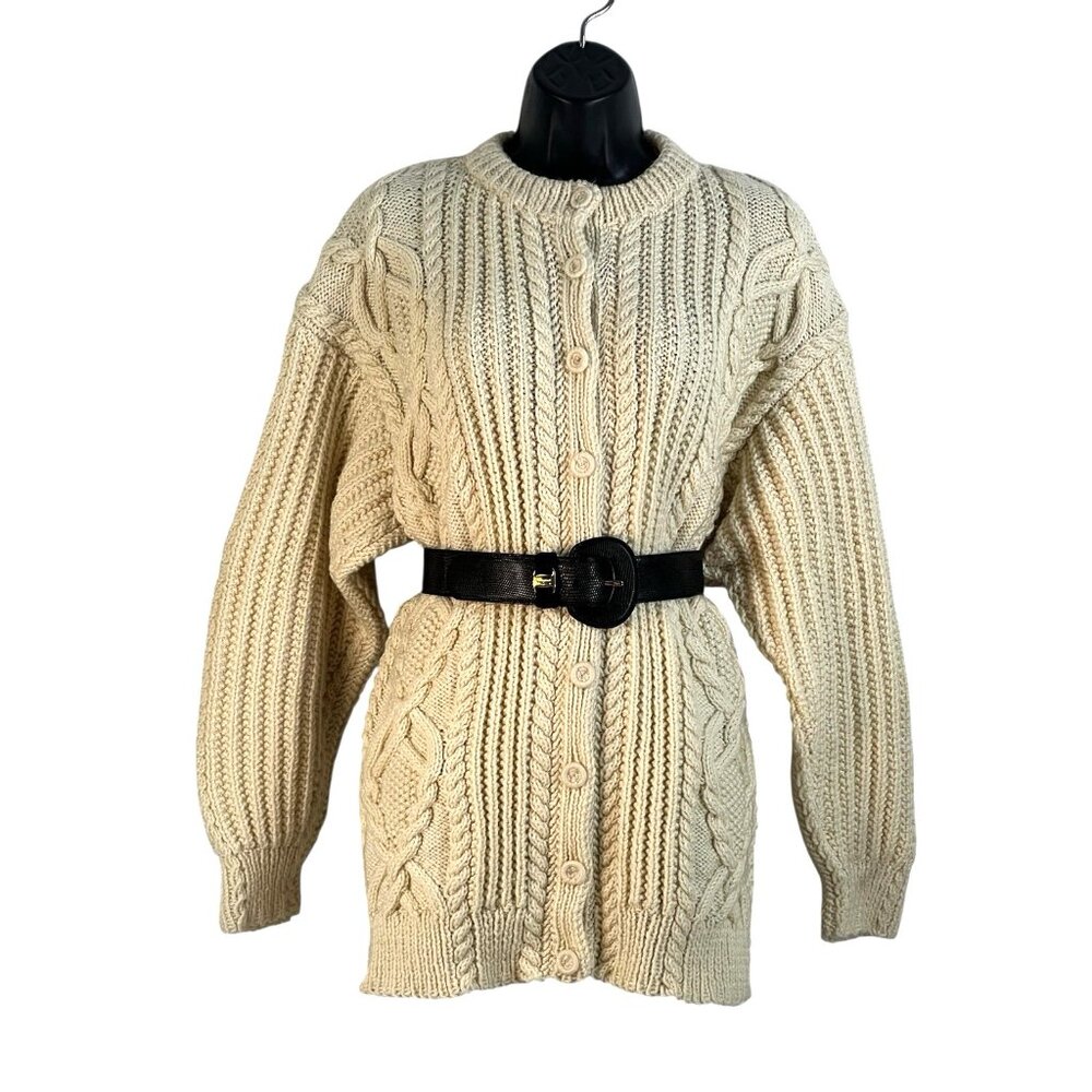 vtg‎ hand knit in Irland fishermans merino wool cardigan ivory womens sz L - Picture 2 of 6
